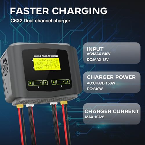 LiPo Battery Charger Dual 10A Fast Balance Charger Discharger for RC Car | Large Screen Battery Charger for 1-6S LiPo LiHV Li-ion LiFe 1-15S NiCD NiMH 2-20V PB Smart Batteries RC Car Aircraft Drone - color: Gray