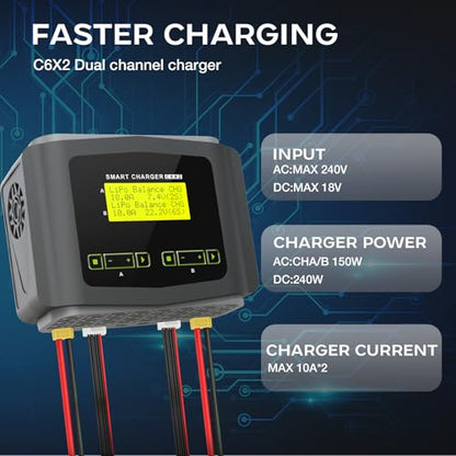 LiPo Battery Charger Dual 10A Fast Balance Charger Discharger for RC Car | Large Screen Battery Charger for 1-6S LiPo LiHV Li-ion LiFe 1-15S NiCD NiMH 2-20V PB Smart Batteries RC Car Aircraft Drone - color: Gray