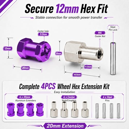 4PCS 12mm Hex Hub 20mm Aluminum Extension Hex for Axial SCX10 D90 90046 | 20mm CNC Wheel Hex Extenders for 1/10 RC Crawlers Redcat Gen7/Gen8 CC01 RC4WD Wider Stance & Tire Clearance with M4 Nuts Pins - color: Purple