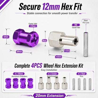 4PCS 12mm Hex Hub 20mm Aluminum Extension Hex for Axial SCX10 D90 90046 | 20mm CNC Wheel Hex Extenders for 1/10 RC Crawlers Redcat Gen7/Gen8 CC01 RC4WD Wider Stance & Tire Clearance with M4 Nuts Pins - color: Purple