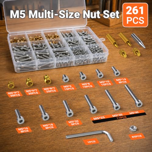 Preciva Heat Set Insert Tool, M5 Threaded Inserts Screw Kit for 3D Printing | Complete Set of Inserts, Soldering Irons & Tips, for 3D Printing, Plastic, DIY, for Surface Finishing & Modification, 261Pcs - size: M5