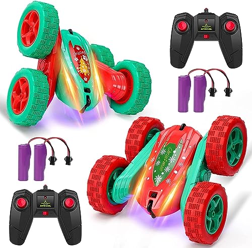 2Pcs Christmas Style RC Stunt Car for Kids,2.4Ghz High Speed Rock Crawler Vehicle,360 Rotating 4WD Off Road Double Sided Rotating Tumbling with 4 Rechargeable Battery，Red+Green