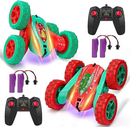 2Pcs Christmas Style RC Stunt Car for Kids,2.4Ghz High Speed Rock Crawler Vehicle,360 Rotating 4WD Off Road Double Sided Rotating Tumbling with 4 Rechargeable Battery，Red+Green