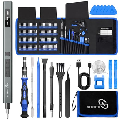 STREBITO 144-Piece Upgraded Electric Screwdriver | Max 0.7 N.m, 120 Magnetic Bits, 5-gear Torque Adjustment, Precision Screwdriver Set, Repair Tool Kit for Electronics and PC - color: Upgraded-blue
