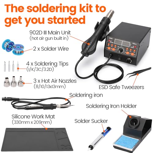 902D III Hot Air Soldering Station 2-IN-1 Kit with 3 Preset Channels, Small Silicone Work Mat, 4 Soldering Tips, 2 Lead-free Solder, Solder Sucker, ESD-Safe Tweezers