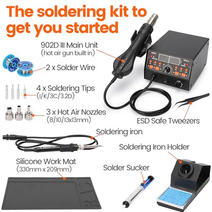 902D III Hot Air Soldering Station 2-IN-1 Kit with 3 Preset Channels, Small Silicone Work Mat, 4 Soldering Tips, 2 Lead-free Solder, Solder Sucker, ESD-Safe Tweezers