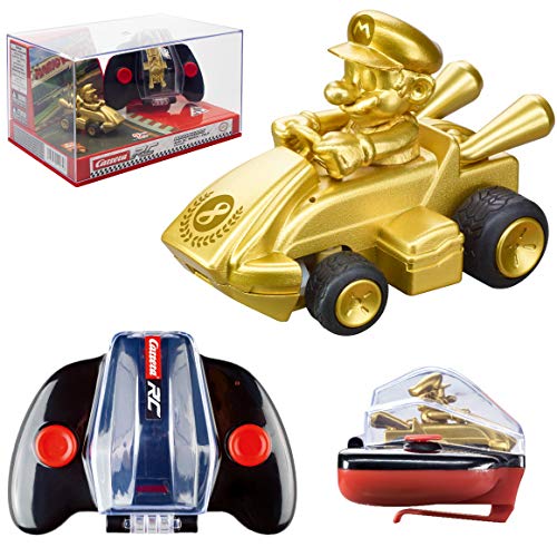 Carrera RC Nintendo Mario Kart 2.4 GHz Mini Collectible Radio Remote Control Toy Car Vehicle - Gold Mario | Official Licensed Mario Miniature Collectible Toy RC Car for Kids 6+, Ready To Run, Rechargeable Battery, Radio RC Racing - style: Mario Gold Editi