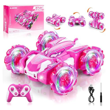 Spider Remote Control Car, Double Sided 360°Rotating USB Direct Charging RC Cars with Cool Lights, 2.4Ghz Drift RC Stunt Car, 360°Rotating 4WD Off-Road Race Toys for 4-12 Boy Girl Kids Gifts(Pink) - color: Pink