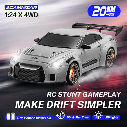 RC Drift Car, 1:24 Remote Control Car for Kids, 20KM/H 4WD High Speed RC Cars with LED Lights, Two Batteries, Extra Drifting Tires, Vehicle for Adults Boys Girls - color: S815 Light Gray
