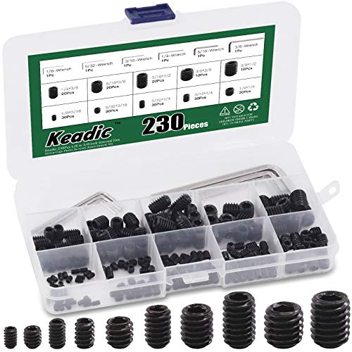 Keadic 236Pcs Internal Hex Drive Cup-Point Screws Assortment Kit, 10 Sizes Alloy Steel Hex Socket Set Cap Point Grub Screws, Socket Head Cap Screws Grub Screws, Black (1/8" to 3/8") - style: 236pcs SAE 10 Sizes Cup Point Set Screw kit