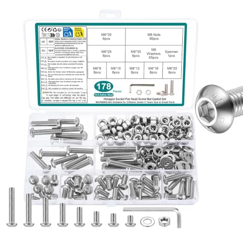 178 Pcs M6 Screws Assortment Kit, Metric Nuts and Bolts Assortment Kit, Hex Socket Button Head Cap Screw Bolts and Nuts Kits, Hex Socket Screw Set, Machine Screws Set, with Spanner(Silver) - size: M6