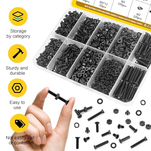 1320pcs M3 Countersunk Screws Assortment Kit, M3x4/6/8/10/12/16/20 mm Phillips Flat Head Bolts and Nut Assorted Set, Machine Screws Grade 8.8 Alloy Steel Black Zinc Plated - size: M3 1320pcs