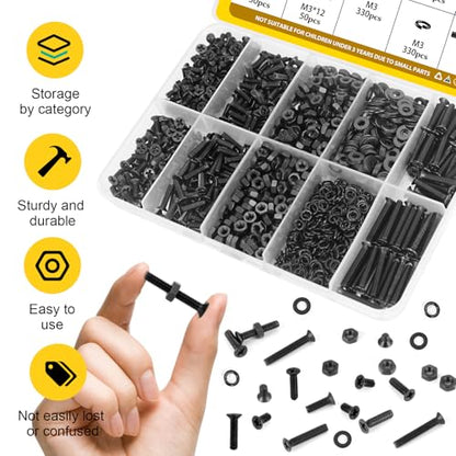 1320pcs M3 Countersunk Screws Assortment Kit, M3x4/6/8/10/12/16/20 mm Phillips Flat Head Bolts and Nut Assorted Set, Machine Screws Grade 8.8 Alloy Steel Black Zinc Plated - size: M3 1320pcs