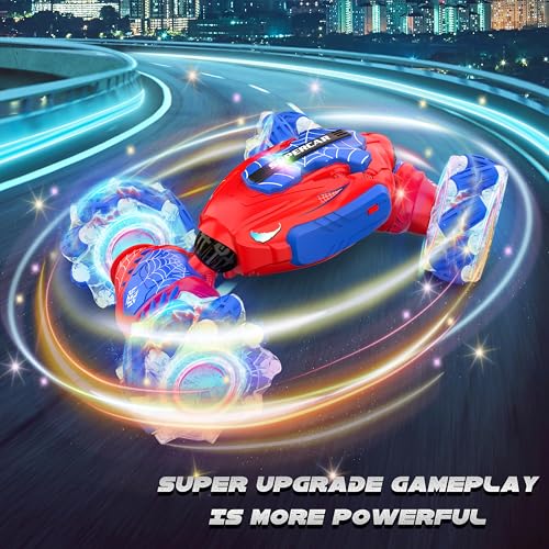 Gesture Sensing RC Stunt Car, Hand Controlled Remote Control Twist Cars | 4WD Remote Control Car with Lights, Music & Spinning Stunt, Birthday Toy Gift for Kids Boys Girls Age 6 7 8 9 10 11 12 - color: Red Blue