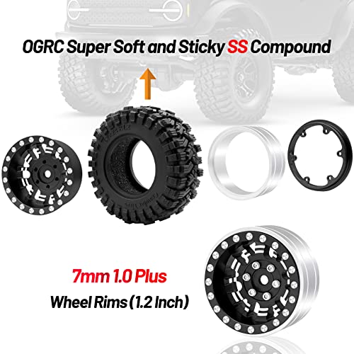 OGRC 1.0 Plus (1.2 Inches) Beadlock Wheel and Tires Set 7mm Negative Offset Wheel Rims SS Super Soft Sticky Tires for TRX4M SCX24 FCX24 AX24 1/24 1/18 RC Crawler Car - 62 * 24mm (Black) - color: Black