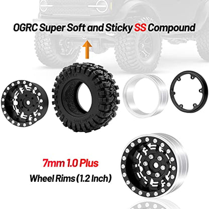 OGRC 1.3" Aluminum Wheels and All Terrain Tires for 1/18 1/24 RC Upgrade | 7mm Hex, Super Soft Compound Tires, for TRX4M SCX24 RC Carwler Car, Black - color: Black