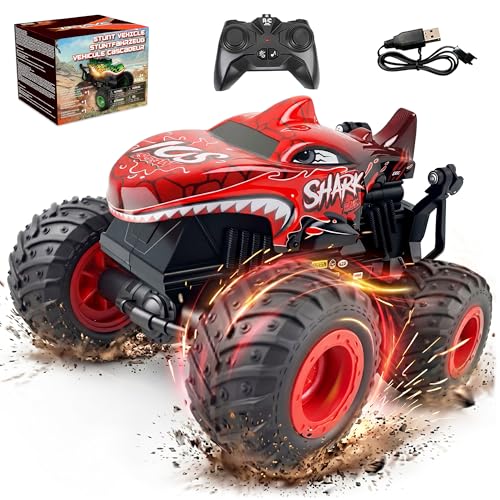 BEZGAR Monster Truck Toys, Remote Control Monster Truck with Dancing Spins, Lights & Music, 1:20 Remote Control Car for Boys 4-7, 5 6 7 8 9 10 +Year Old Boys Birthday Gifts (Red) - style: Red Shark