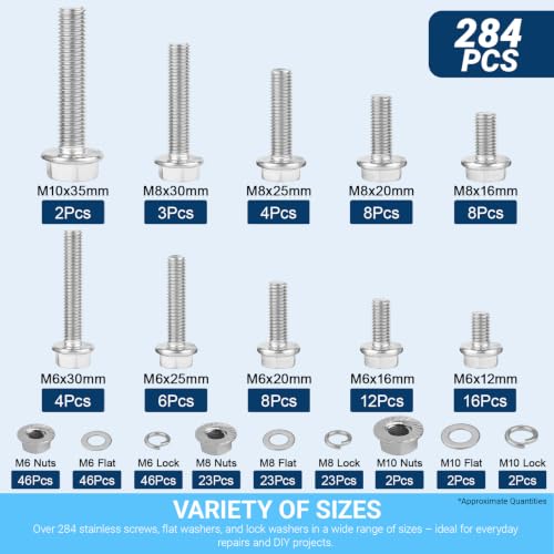 284Pcs M6/M8/M10 Flange Bolt Nut Washer Kit | 12-30mm Hex flange screws. Flat & lock washers included. 304SS rust-proof. Ideal for automotive and machinery repair. - color: 284pcs M6 M8 M10