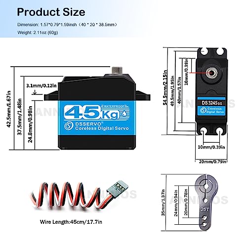 45KG High Torque Servo 8.4V Coreless RC Steering Servo Motors Stainless Steel Gear Low Profile Waterproof for 1/8 1/10 1/12 Scale Cars DIY Robotic - 270 Degree - size: 45KG-270°
