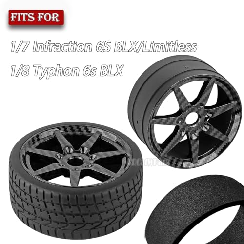 RC Highway Tires Wheel for 1/7 Infraction 6S BLX/Limitless,1/8 Typhon 6s BLX,7 Spokes Wheel Rim & Rubber Highway Tires RC Drift Tires,Carbon Surface(Black) - color: (Black)carbon Surface - (4pcs Bailuchi Tires)
