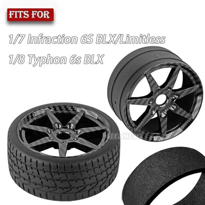 RC Highway Tires Wheel for 1/7 Infraction 6S BLX/Limitless,1/8 Typhon 6s BLX,7 Spokes Wheel Rim & Rubber Highway Tires RC Drift Tires,Carbon Surface(Black) - color: (Black)carbon Surface - (4pcs Bailuchi Tires)