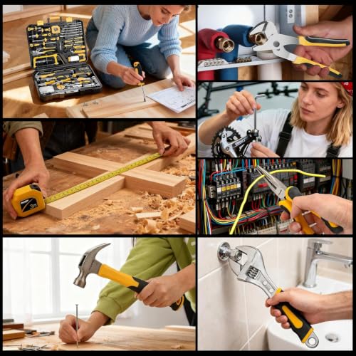 GRENPRO 218PCS Basic Auto Hand Tool Set Household Repair Tool Box Kit | Portable Tool Box, CR-V Steel, Complete Kit, Anti-Drop Slots, Household DIY, Auto Motorcycle, Home Garage For Men & Women - style: Yellow Hand Tool Set 218PC
