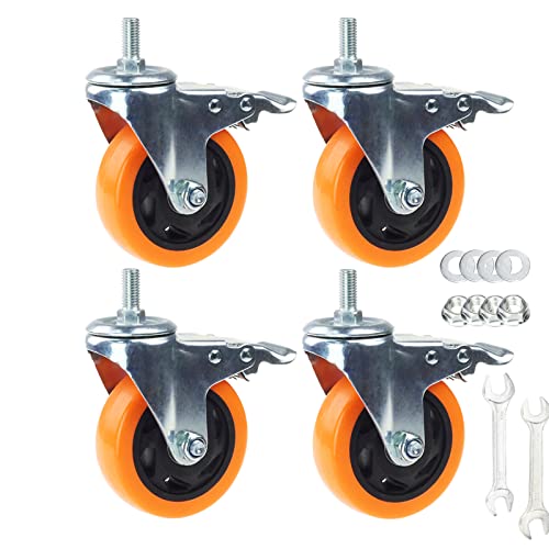 Heavy Duty Swivel Wheels, 3 Inch Yellow PVC Casters with Metric Stem M12-1.75x25mm Double Brakes Castors Safety Wheels up to 1200 Lbs/Set for Industry and Furniture Set of 4 - style: 4 Inch with Brake