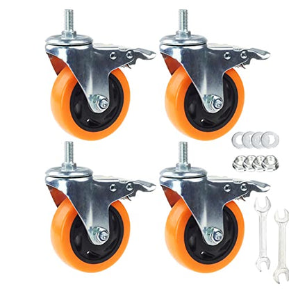 Heavy Duty Swivel Wheels, 3 Inch Yellow PVC Casters with Metric Stem M12-1.75x25mm Double Brakes Castors Safety Wheels up to 1200 Lbs/Set for Industry and Furniture Set of 4 - style: 4 Inch with Brake