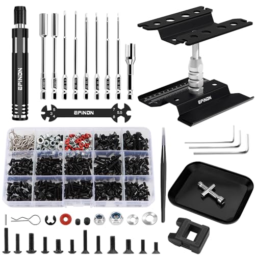 RC Repair Work Stand & 520 Pcs RC Screws Kit for RC Car, BK | 360 Degree Rotation, with RC Screwdrivers and Screws Pallet, 1/8 1/10 1/12 1/16 1/18 RC Crawler Truck Buggy - color: Black