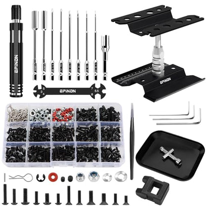 RC Repair Work Stand & 520 Pcs RC Screws Kit for RC Car, BK | 360 Degree Rotation, with RC Screwdrivers and Screws Pallet, 1/8 1/10 1/12 1/16 1/18 RC Crawler Truck Buggy - color: Black