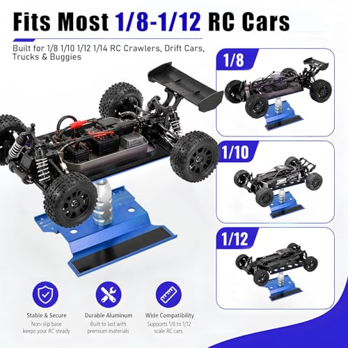 RC Car Repair Work Stand Lift Lower Adjustable Workstation Aluminum 360 Degree Rotation for 1/8 1/10 1/12 RC Car Traxxas Slash TRX4 Arrma Axial SCX10 Losi Redcat Wltoys RC Crawler Monster Truck Buggy - color: Lift Lower Blue