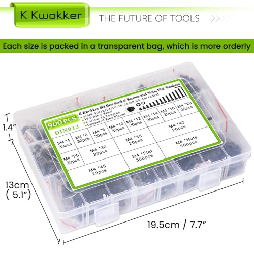 900PCS M4 Nuts and Bolts Assortment Kit 4mm-45mm, Upgraded Zinc Plated 12.9 Alloy Steel M4 Screw Assortment, Hex Socket Head Cap Machine Screws Bolts and Nuts Kit 4/6/8/10/12/14/16/20/25/30/35/40/45MM - size: A.M4