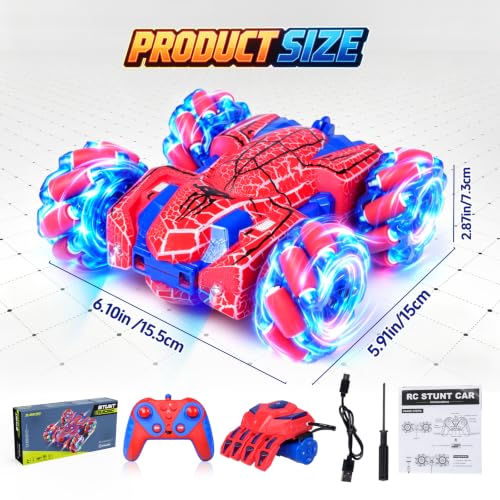Spider Gesture Sensing Remote Control Car, 2.4GHz Hand Controlled RC Cars with full-Body Light, Double Sided 360° Rotating Rechargeable RC Stunt Car Birthday Gift Toys for Boys 4 5 6 7 8 9 10 11 12
