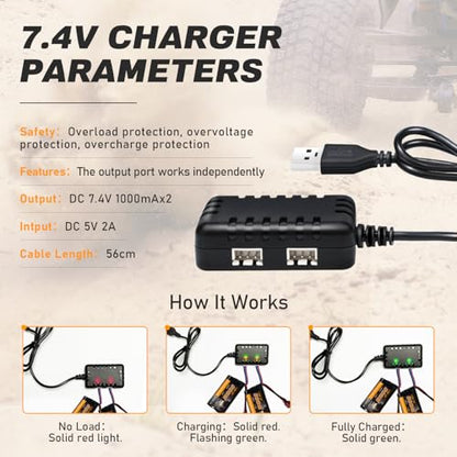 7.4V Li-ion Battery 3300mAh High Capacity RC Battery with Dean-Style T Plug 2S Rechargeable with 1 to 2 USB Charger Fit for WLtoys 4WD High Speed RC Cars Most 1/10, 1/12, 1/16 Truck