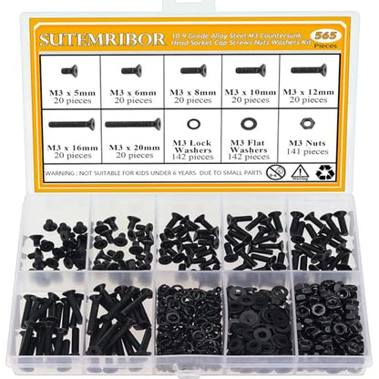 565 Pieces M3 Screws Nuts Washers Set Black, Sutemribor M3 x 5/6/8/10/12/16/20mm Countersunk Head Socket Cap Screws Nuts Washers Assortment Kit, 10.9 Grade Alloy Steel, Fully Threaded - size: M3, style: Countersunk Head Socket Cap