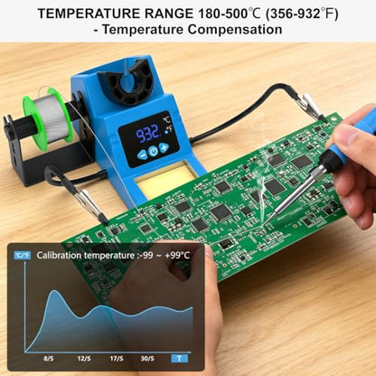 Soldering Station, 130W Digital Display Soldering Iron Station Kit with 2 Helping Hands, 356°F-932°F, Auto Sleep, Solder Wire, 5 Tips, Solder Sucker, Sponge, Tweezers, Tip Cleaner, Blue