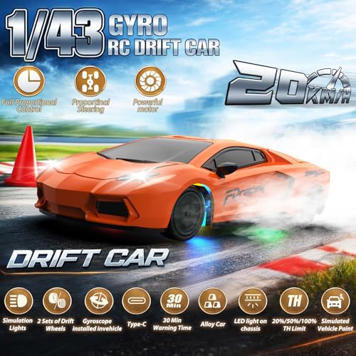 RC Drift Car, 1/43 Mini RC Drift Car with Gyro, 2.4GHz Full Proportional Control, 20KM/H 4WD High Speed Remote Control Alloy, LED Lights & Drift Tires, Toys Gift for Adults, Boys and Girls - color: Orange