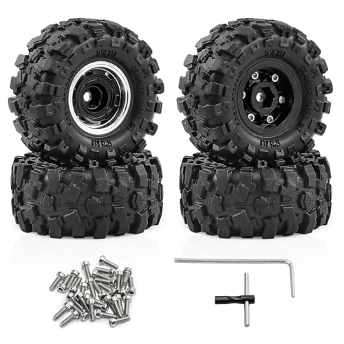 1.0" Beadlock Aluminum Wheels and 57mm Soft Rubber Tires | for SCX24, TRX4M, Ascent 18, FCX24, 1/18 1/24 RC Crawler, 7mm Hex, 0mm Offset, with Foam Inserts, (Black 101) - color: Black 101