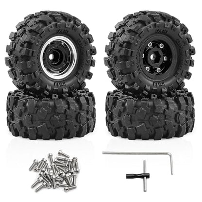 1.0" Beadlock Aluminum Wheels and 57mm Soft Rubber Tires | for SCX24, TRX4M, Ascent 18, FCX24, 1/18 1/24 RC Crawler, 7mm Hex, 0mm Offset, with Foam Inserts, (Black 101) - color: Black 101