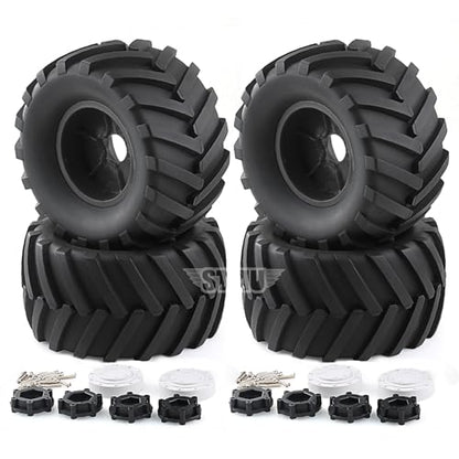 RC Monster Truck Tires and 17mm&14mm Hex Wheels Rims Rubber Buggy Tyres for 1/8&1/7 Scale Off Road Truck Car Kaiju Tmaxx E-Revo 3.3 Arrma Kraton 6S Typhon 3S HPI Redcat Traxxas Maxx (Black) - color: Black