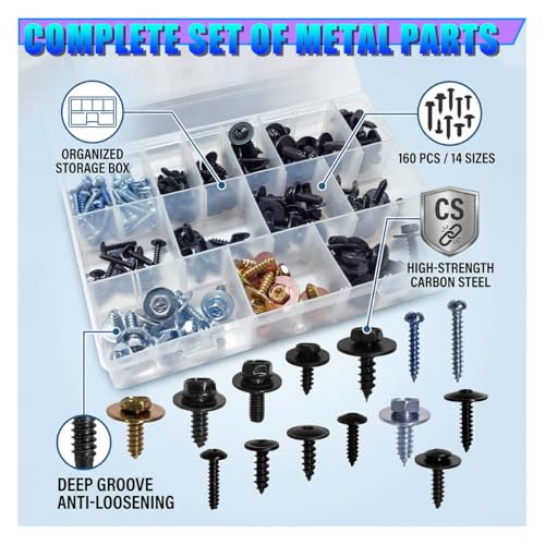 160PCS 14 Sizes Metal Car Screws, Automotive Phillips Round Head Self-Tapping Bumper Hood Retainer Clip Assortment, Universal Vehicle Body Fastener Kit for Liner Splash Shield (Black)
