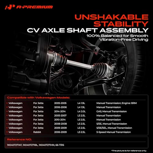 A-Premium Front Left Driver Side CV Axle Shaft Assembly | Compatible with Volkswagen Jetta 2005-2006 1.9L, Jetta 2014 2.0L, Jetta 2005-2014 2.5L, Rabbit 2006-2009 2.5L, Manual Trans - style: Front Driver Side