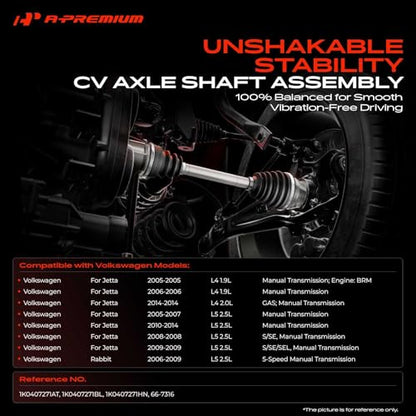 A-Premium Front Left Driver Side CV Axle Shaft Assembly | Compatible with Volkswagen Jetta 2005-2006 1.9L, Jetta 2014 2.0L, Jetta 2005-2014 2.5L, Rabbit 2006-2009 2.5L, Manual Trans - style: Front Driver Side