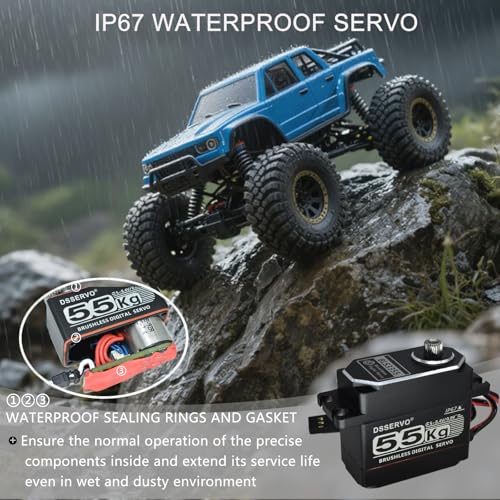 55KG Brushless Digital Servo IP67 Waterproof, BLS3355 High Torque Steering RC Servo with 25T Servo Arm 5-8.4V, for 1/8th 1/10th RC Car Crawler Off-road Truck Buggy Robot (Full Metal Shell 270°)