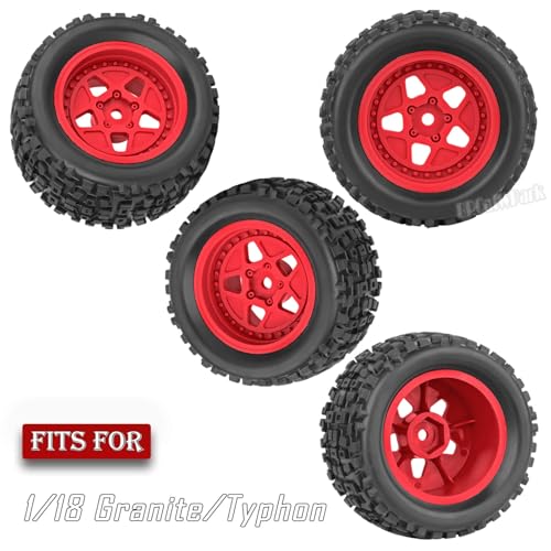 12mm Hex RC Truck Wheels and Tires for 1/18 Granite/1/18 Typhon RC Monster Truck Car,RC Drift Off Road Buggy Rally Truck Tires,4Pcs(Red) - color: Red - (4pcs Wheel)