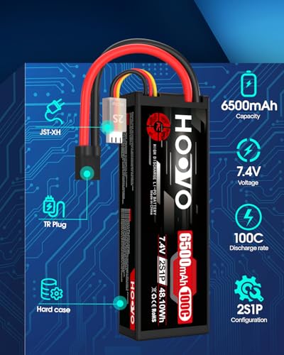HOOVO 2S Lipo Battery 7.4V 6500mAh 100C RC Battery Pack TR Plug 2Packs | Hardcase battery with TR to EC5 Connector,for RC Car Truck Buggy Vehicles Crawler Helicopter Boat
