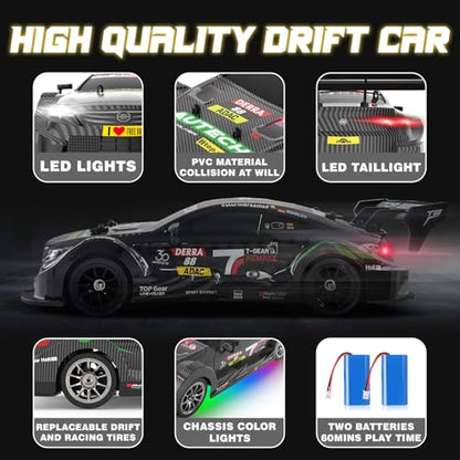 RC Drift Car 1:16, 2.4GHz 4WD 30+KM/H High Speed Remote Control Car with LED Lights Two Batteries and Drift Tires, Drifting RC Cars for Adults Boys Kids, Gray - color: Gray