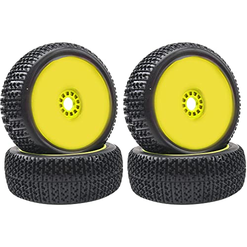 4Pcs OD 4.52" 1/8 RC Buggy Rubber Tires Tyre w/Plastic Rim 17mm Hex Compatible with Arrma Kyosho Exceed RC Traxxas Redcat HSP HPI 1/8 Scale Off Road Car Buggy (Yellow)