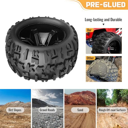 Preglued 1/8 Monster Truck Ties and Wheels OD 5.9" 17mm Hex MT Tires Wheels Set fit Traxxas Maxx E-Revo 2.0 3.3 Summit Revo 3.3 Arrma Kraton Outcast 4-6S Brushless Power