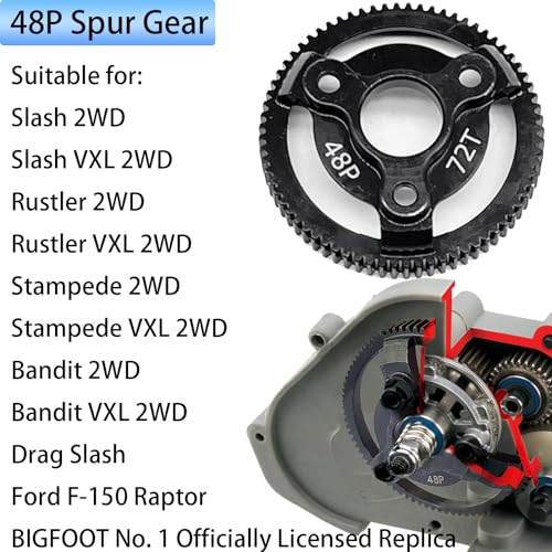 RC 48P 72T Spur Gear Hardened Steel Spur Gear Upgrades Part for Traxxas 1/10 Slash Stampede Rustler Bandit 2WD VXL XL-5 F-150 SVT, (72T) - size: 48P-Spur Gear-72T